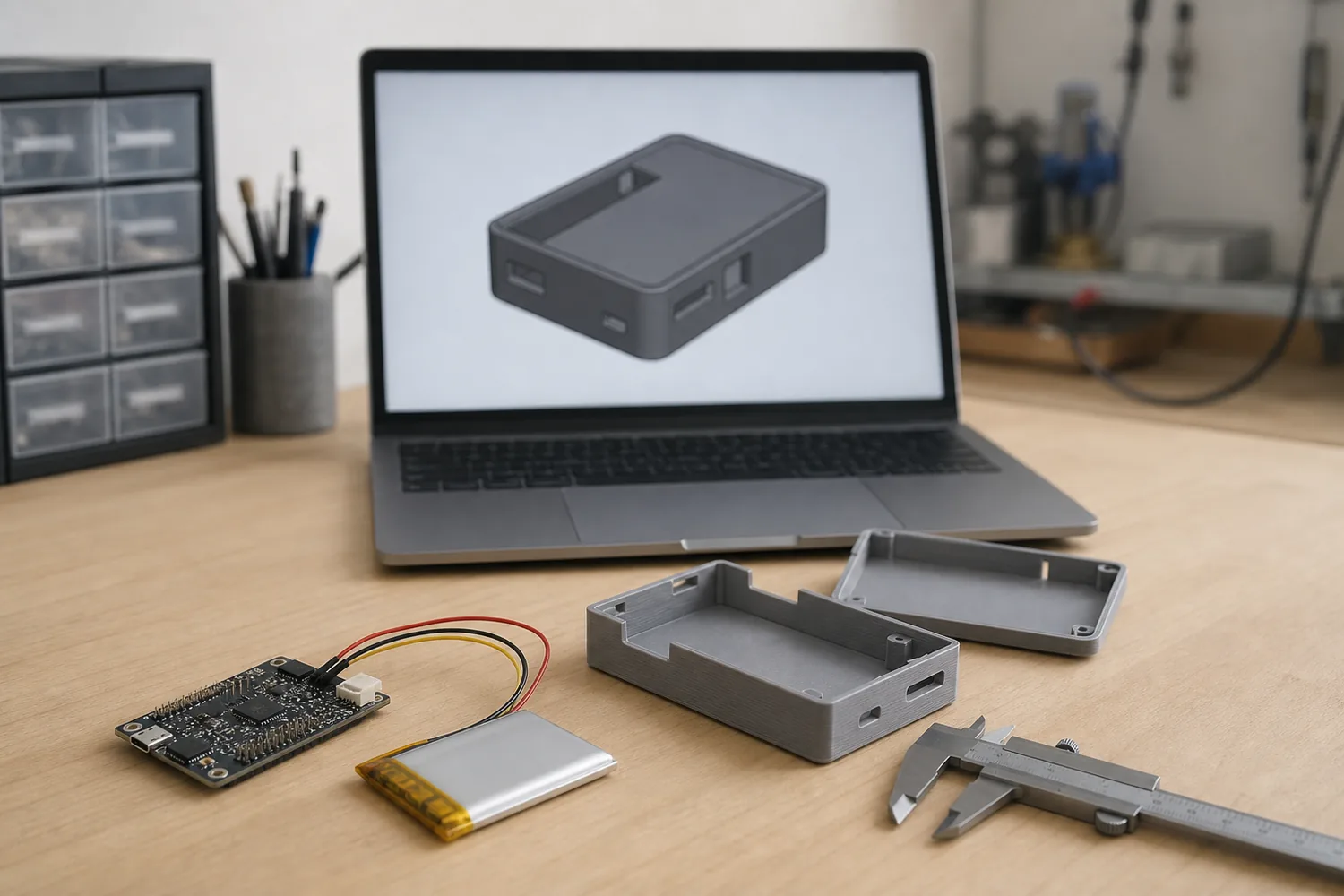 A hardware startup's workbench: a development board wired to a small battery, a 3D-printed enclosure in two halves, calipers, and a laptop showing the enclosure in CAD