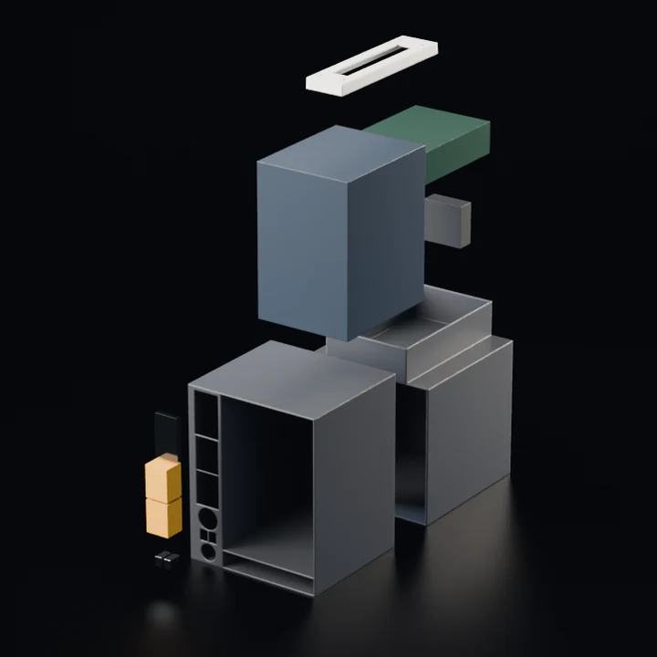 Exploded view, rendered from the CAD model