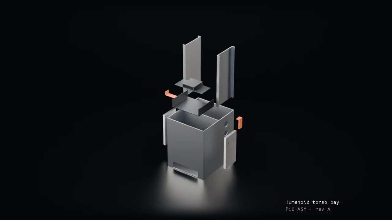 Exploded view of the Humanoid torso battery and compute bay