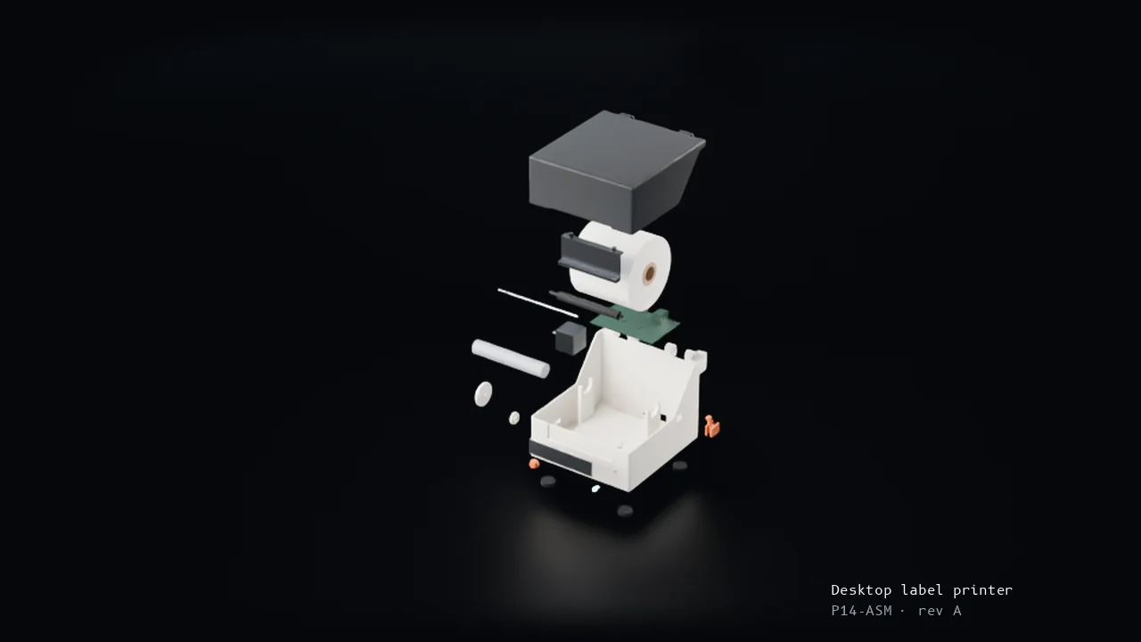 Exploded view of the Desktop label printer