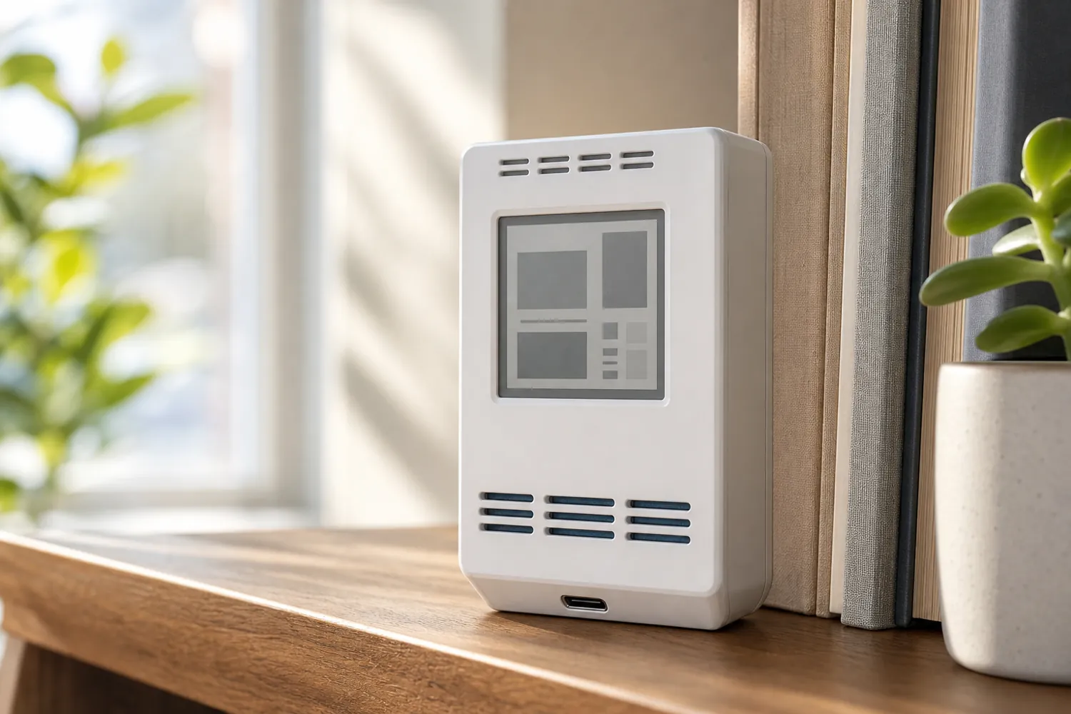 White air-quality monitor with an e-paper display standing on a wooden bookshelf in morning light