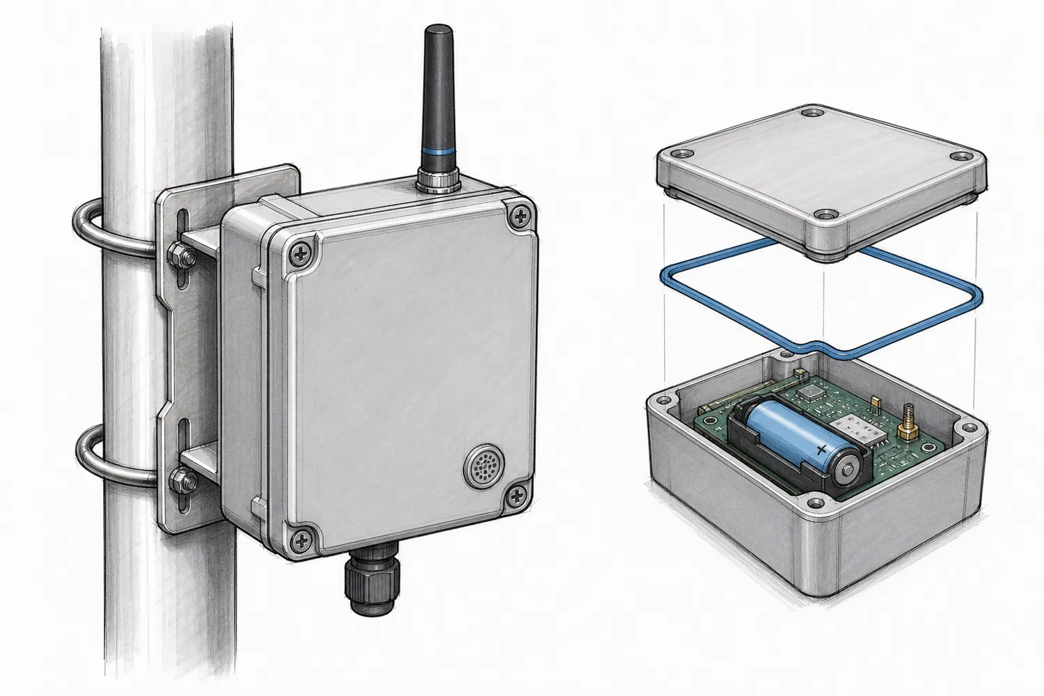 Concept sketch of the LoRa node on a pole bracket, with the lid, gasket and battery shown exploded