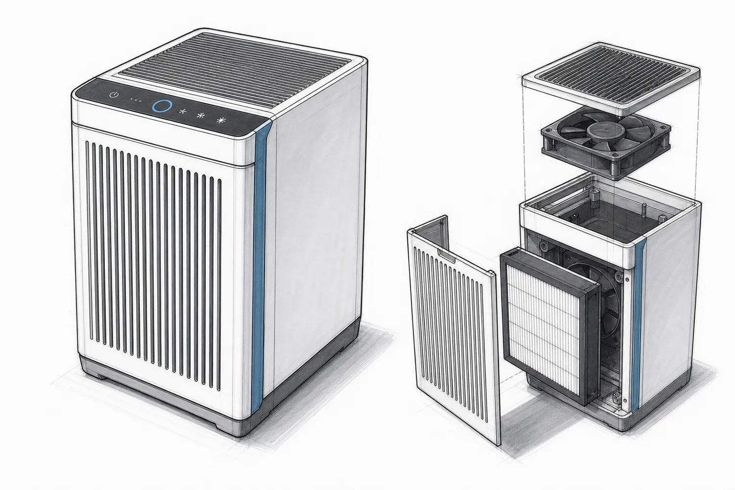 Concept sketch of the purifier with its front door open and the HEPA cartridge sliding out