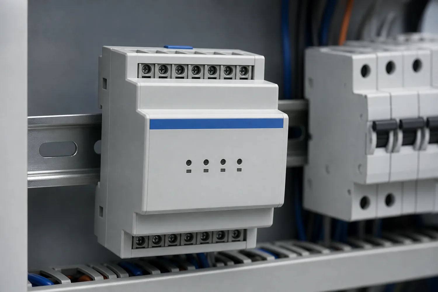 Light grey DIN-rail module clipped on a rail in a control cabinet next to circuit breakers