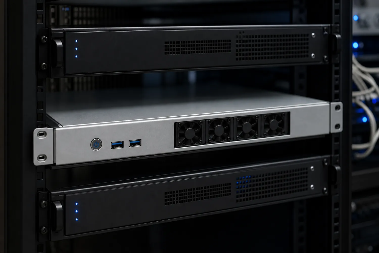 Silver 1U server with front fans mounted in a small rack between two other units