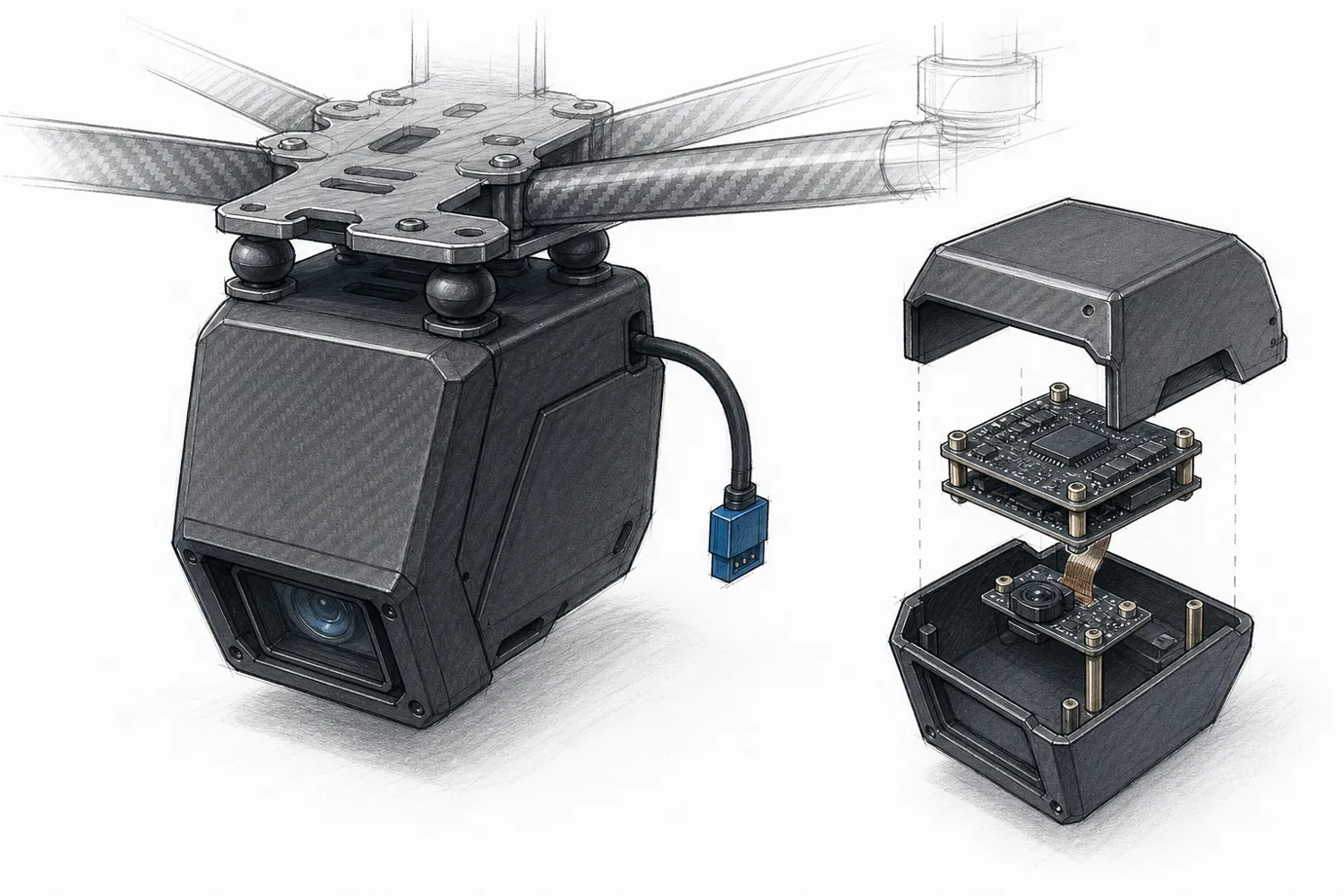 Concept sketch of the drone pod on damper balls, opened to show the board stack and camera