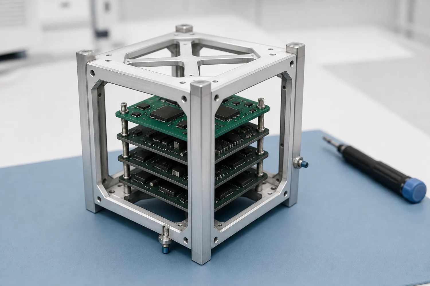 Machined aluminium CubeSat frame with a board stack inside, on an anti-static mat in a clean lab