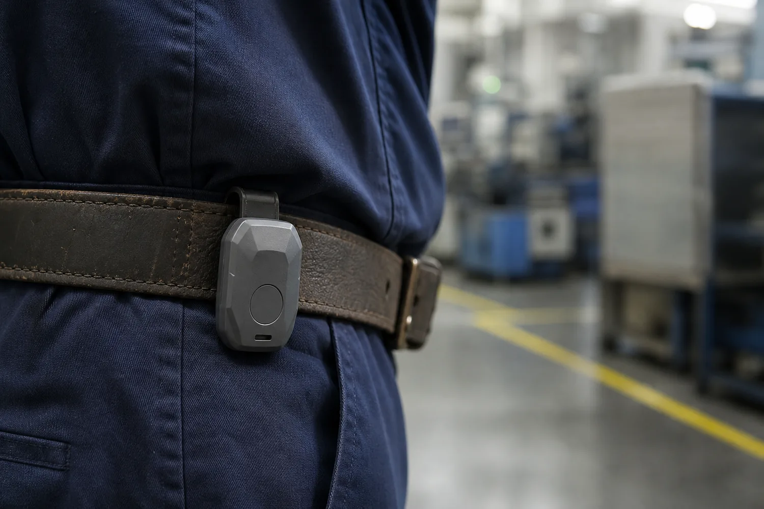 Clip-on sensor badge worn on a work belt on a factory floor