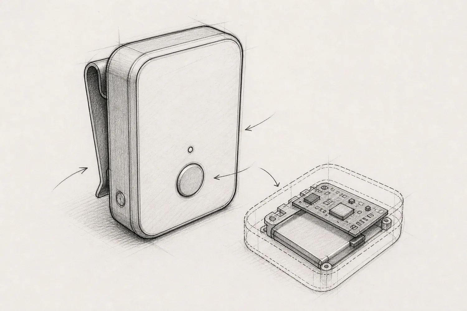 Concept sketch of a small clip-on badge with its battery and board shown inside, and the clip on the back