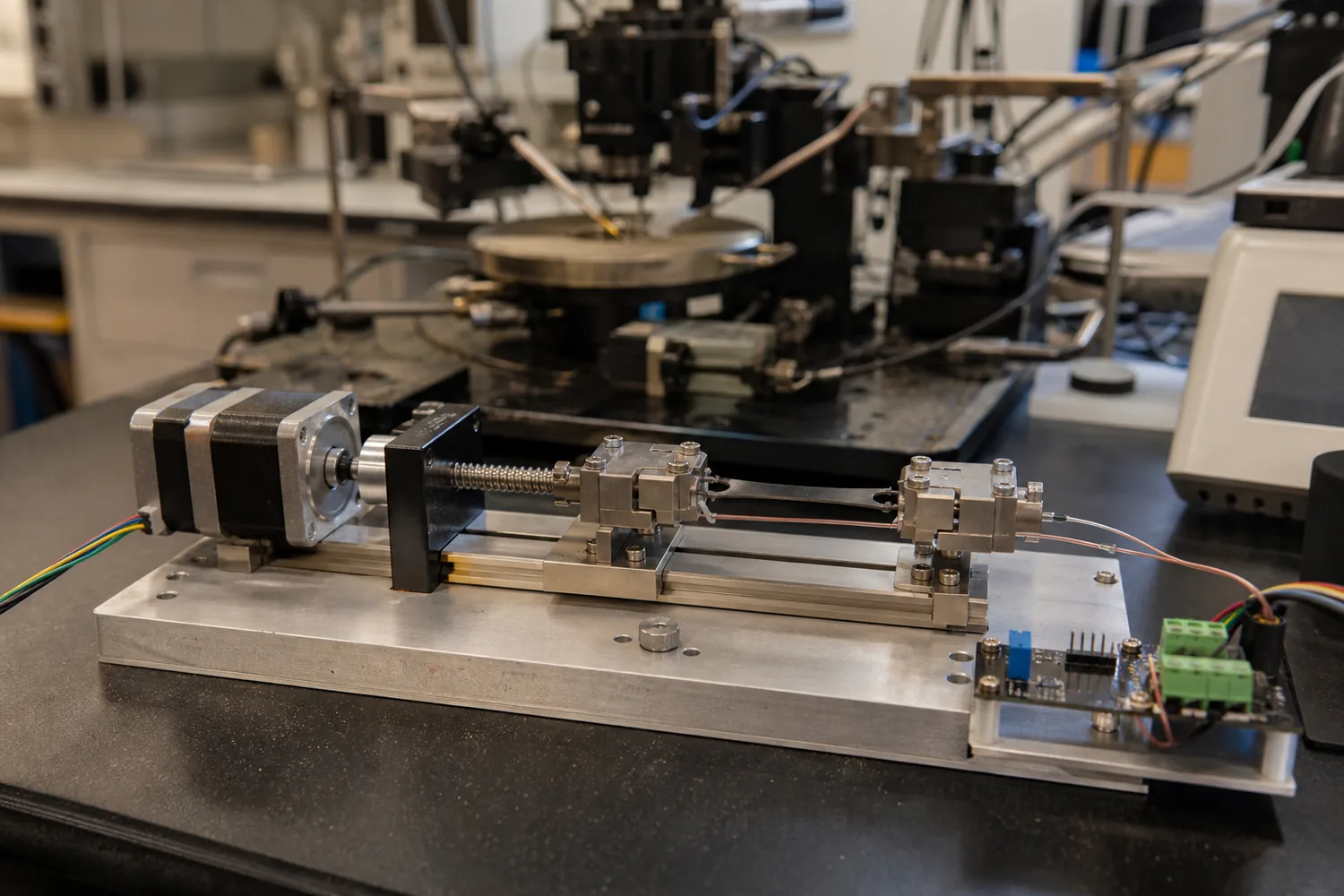Small bench-top stretching rig with a stepper motor and a sample strip between two clamps, in a lab