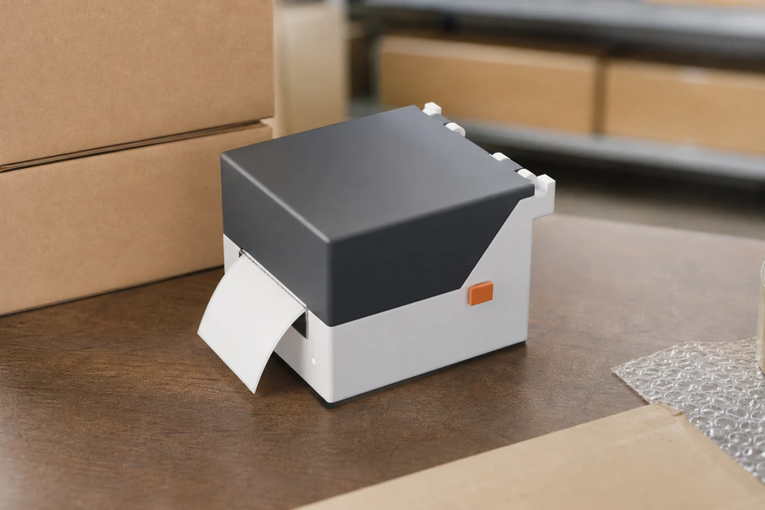 Desktop label printer on a packing desk next to cardboard boxes, a blank label coming out of its front slot