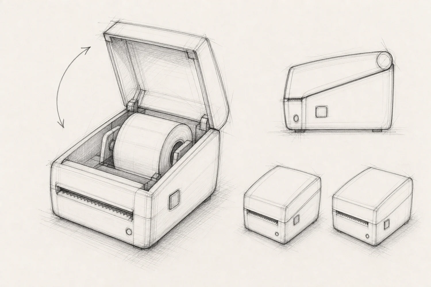 Concept sketch of a desktop label printer with its top cover open on a rear hinge and a label roll inside